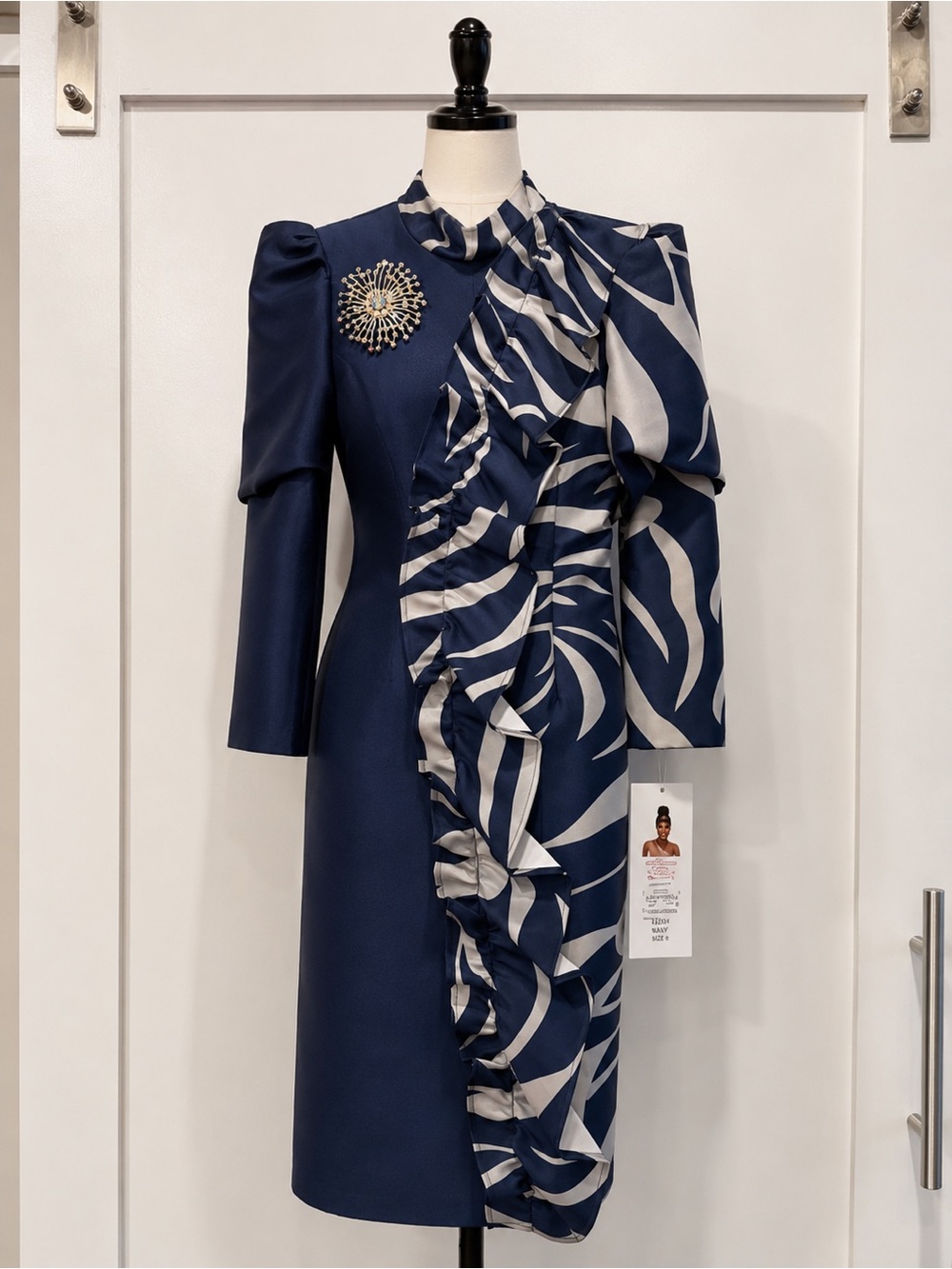 Dorinda Clark Cole Rose Collection Dress Sz 8 Navy Silver Ruffle Brooch NWT